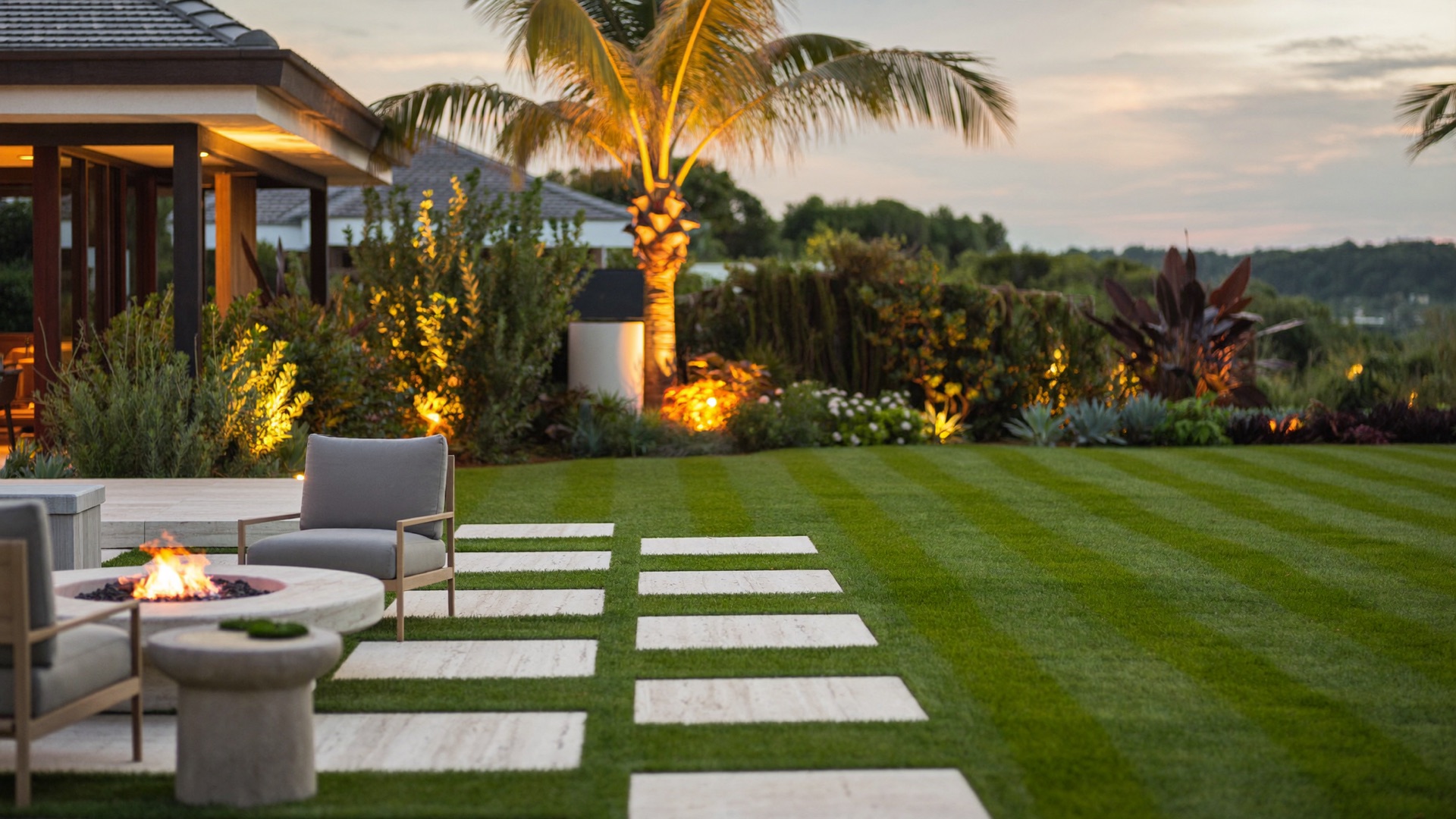 A custom coastal backyard in Ponte Vedra Beach at golden hour with a stone fire pit, paver path and freshly striped sod lawn.