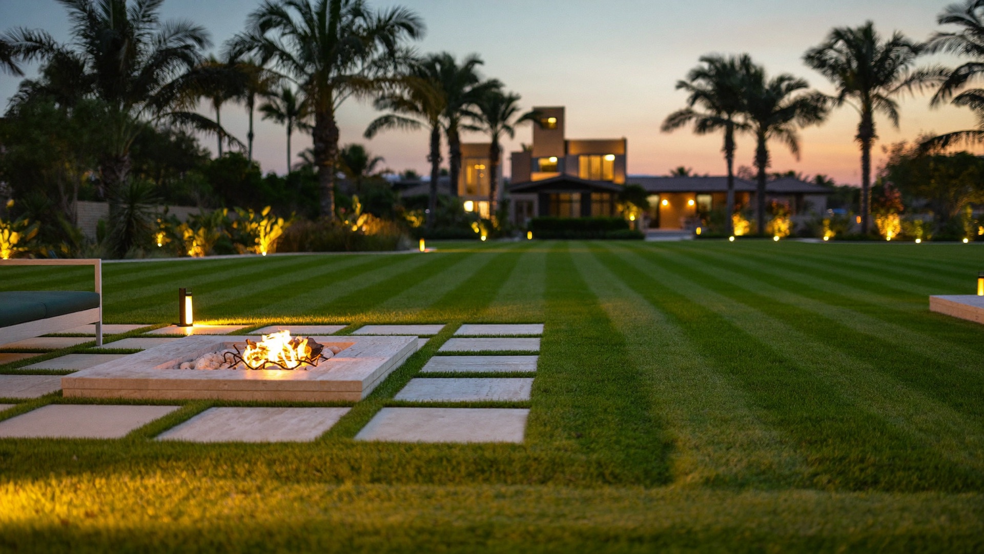 An expansive coastal estate lawn with striped sod, a centered fire pit feature and landscape lighting at dusk.